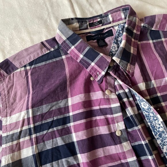 Tommy Hilfiger Purple Plaid Slim Fit Short-Sleeved Men's Button Down Shirt - Picture 8 of 9
